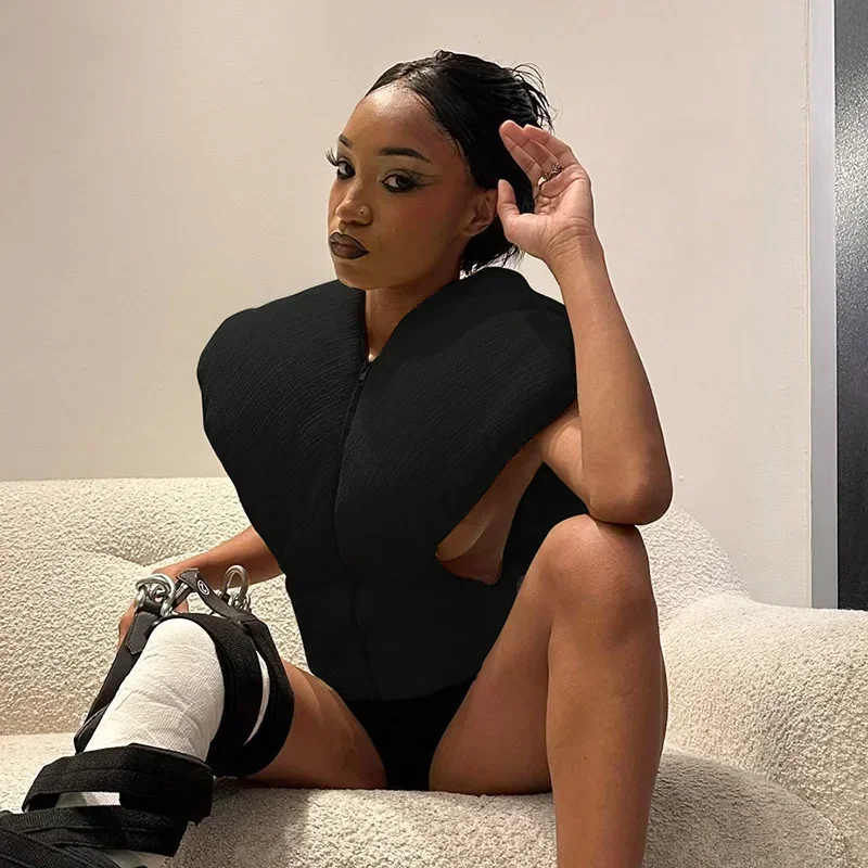 Frauen breite Schulter Daunen Mäntel ärmellose Puffer Jacke Weste niedlichen rosa Reiß verschluss Blase Mäntel Seite aus geschnitten Parka Daunen jacke Westen