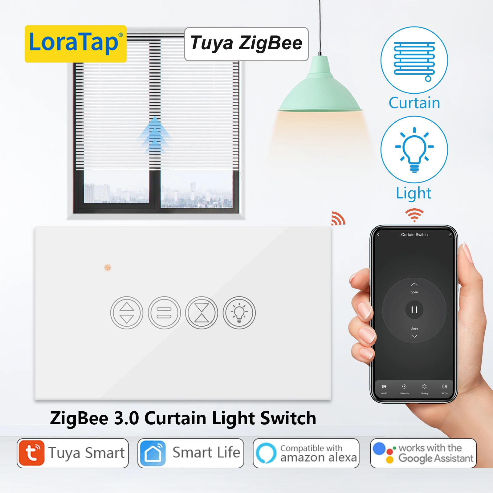 

LoraTap ZigBee 3.0 Tuya Smart Life Roller Shutter Curtain Light US Switch for Motorized Blinds Work for Alexa Google Home