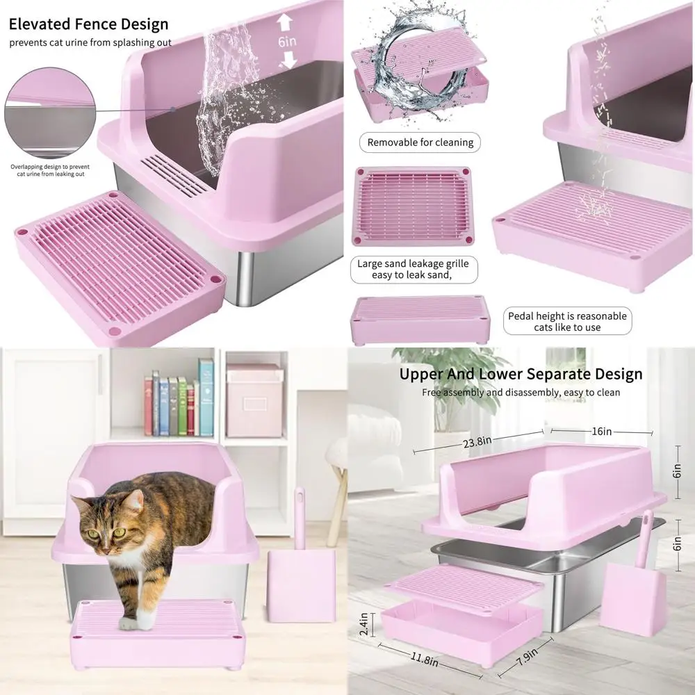 

High-Sided Pink Stainless Steel Cat Litter Box with Non-Stick Coating for Cats up to 20 lbs - Ideal for Living Spaces