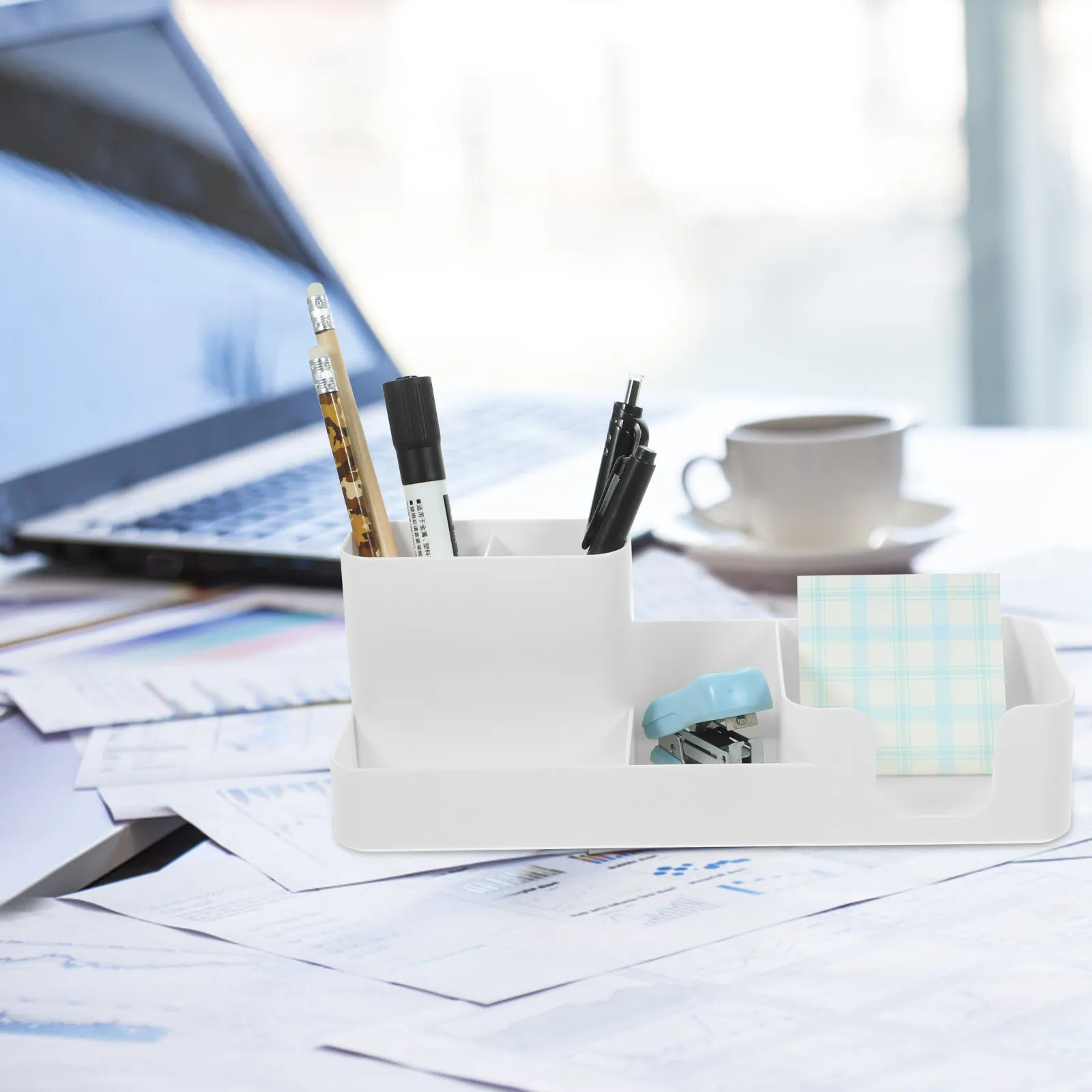 Desktop Organizer Plastic Stationery Storage Box with Inclined Pen Holder Large Capacity Compartment Design for Desk Office