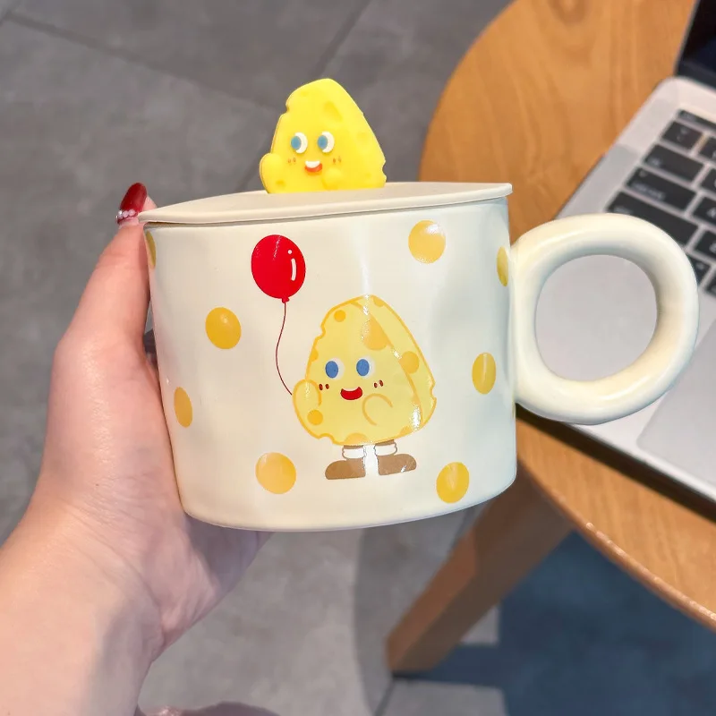 

0277Lovely cup with lid and spoon creative mug ceramic cup personality couple water cup household breakfast cup coffee cup