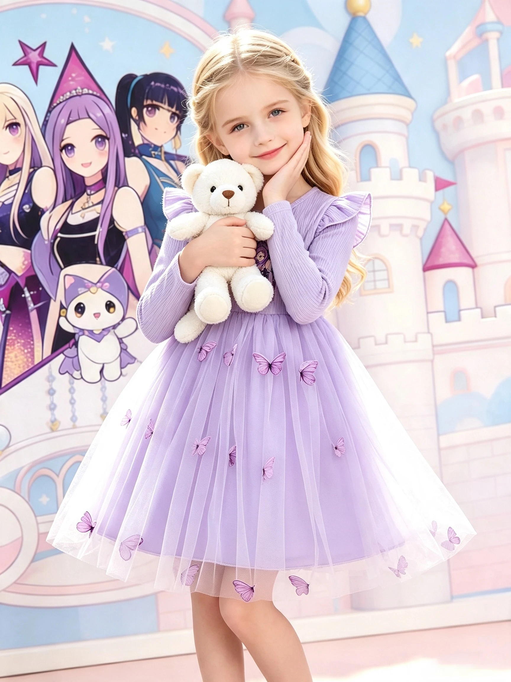 Mädchen-Cartoon-Print Langarm-Tüll-Prinzessinnenkleid, hellviolettes Kleid mit Flügelärmeln und 3D-Schmetterlingen, Kinderkleidung – Detail 4