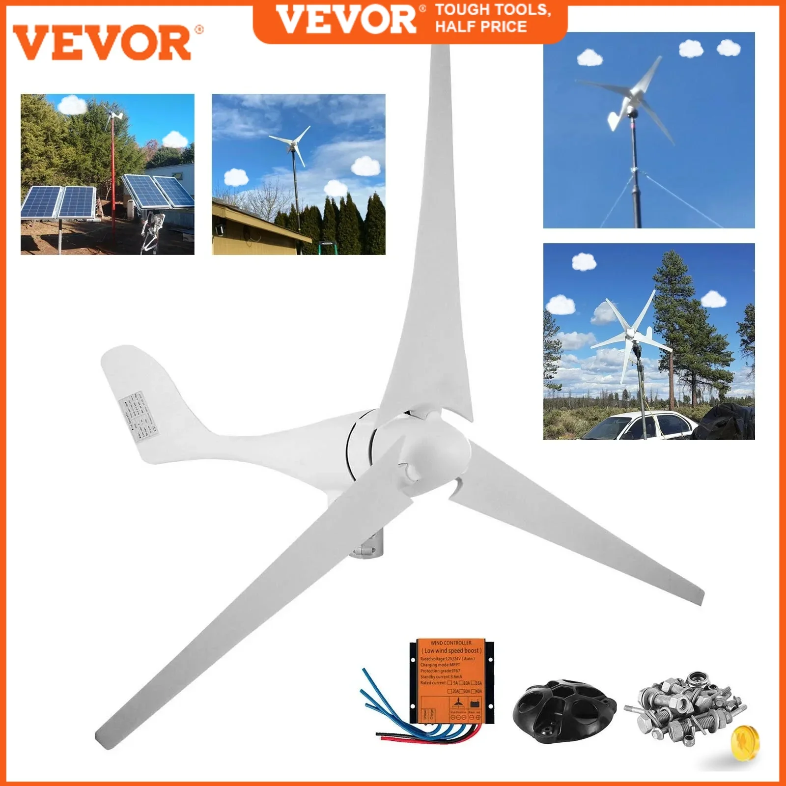 VEVOR Wind Turbine Generator Kit 3 Fiber Blades High-Quality Ideal Power Supply System Easy Installation With All Materials 400W