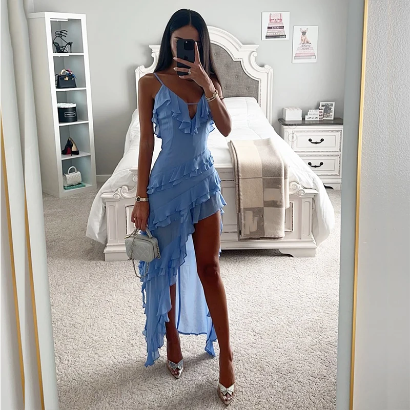 Elegant Solid Color High Split Layered Dress Sexy V-neck Ruffle Irregular Party Dress Female Sleeveless Holiday Slim Beach Dress