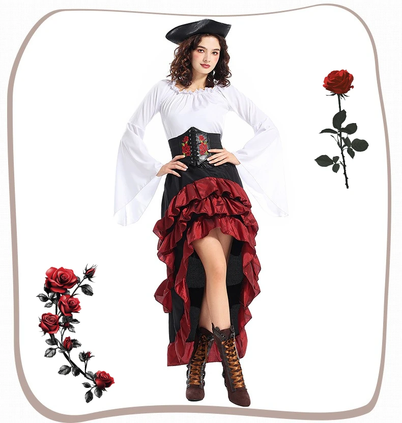 

Halloween Pirate Women Cosplay Captain Costume Medieval Vintage Lace-up Corset Party Victoria Dress Gothic Ruffled Hem Skirt