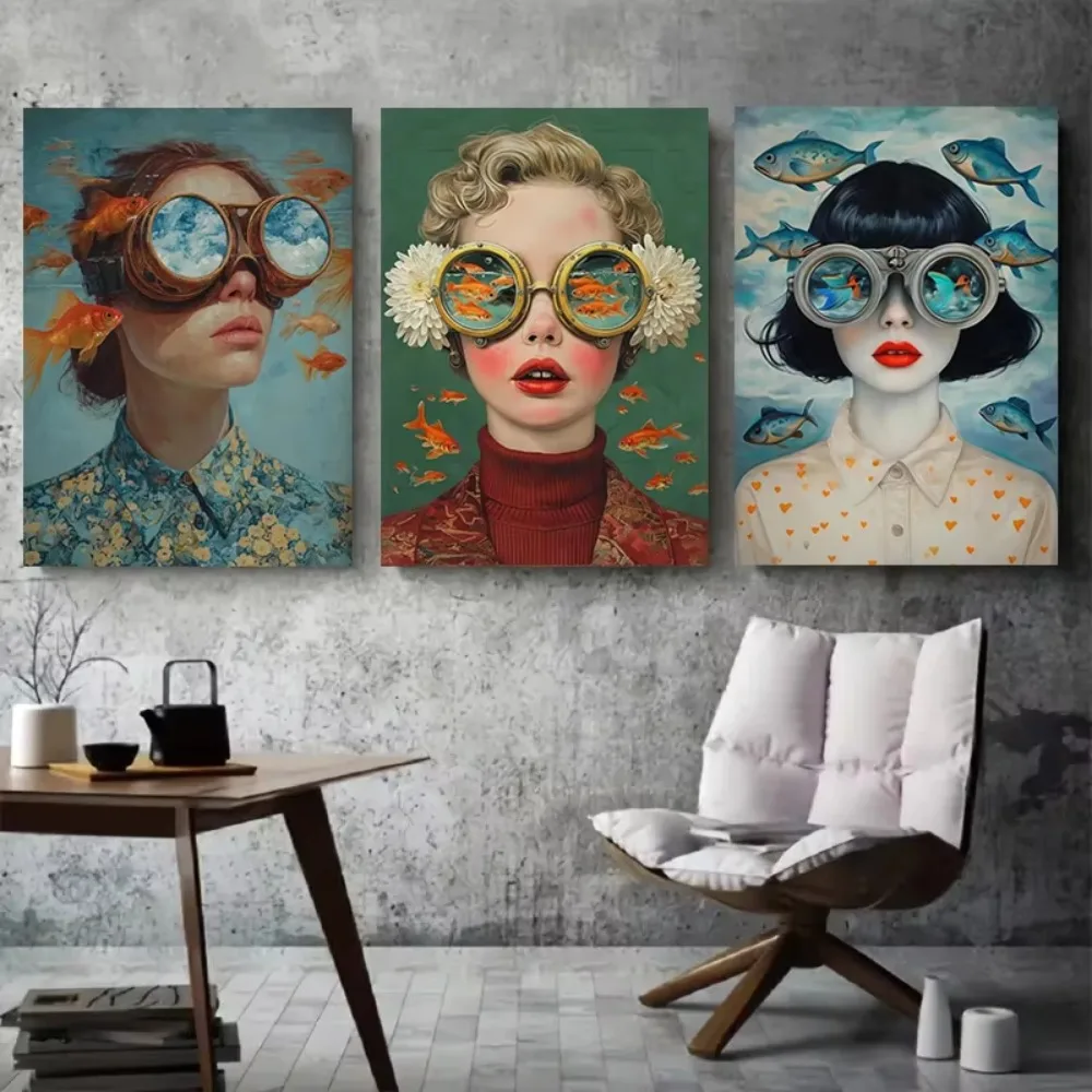 Surrealistische Frauendarstellung, Leinwandgemälde, surrealistisches Poster und Druck mit einem Mädchen und einem Goldfisch, Wandbild für Wohnzimmer, Heimdekoration. – Detail 4
