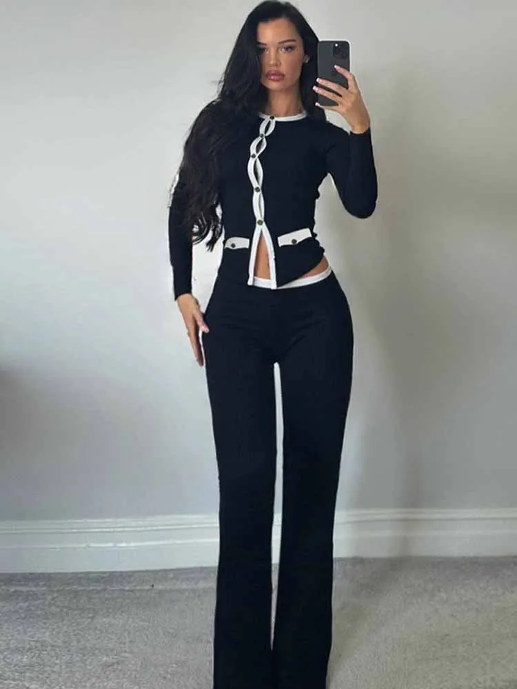 Mcdv moda retalhos 2 peça conjunto feminino manga longa único breasted cardigan topos calças queimadas casuais roupas diárias outono 2025