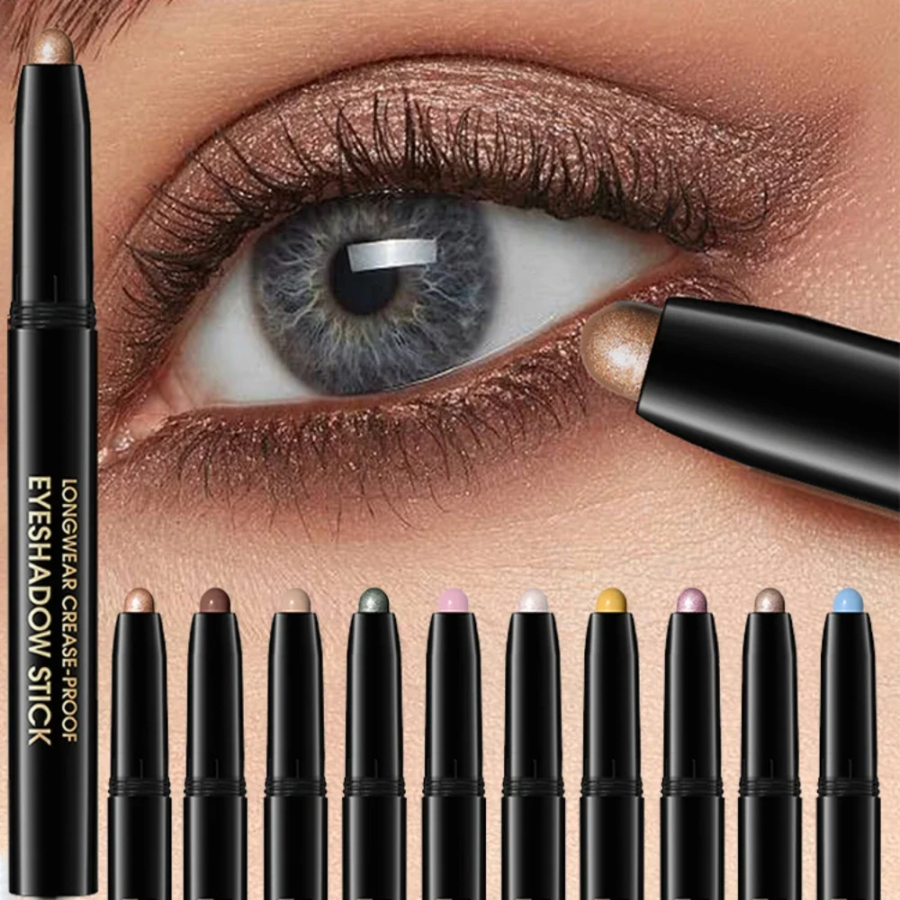 10 色ロングウェアしわ防止アイシャドウペンシルスティック持続グリッターシマーマットアイシャドウ蛍光ペン目メイクアップツール