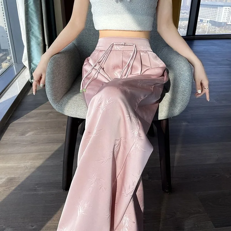 

New Women's Satin Jacquard Wide Leg Pants, High Waisted Chinese Casual Pants, Spring and Summer Ice Silk Sunscreen Pants