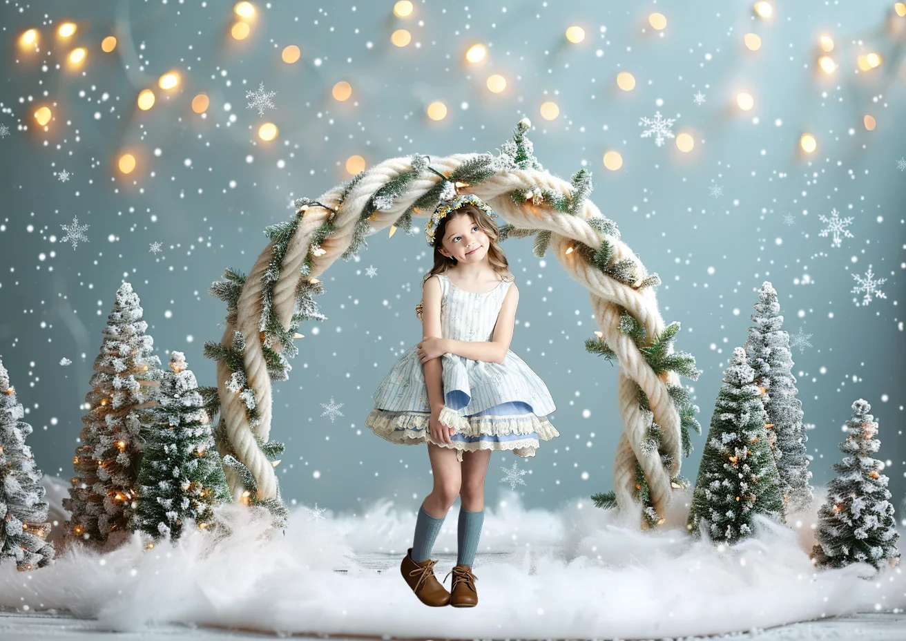 Christmas Backdrop Arch White Twisted Garland Christmas Tree Braided Rope Greenery Snowflakes Background Photo Studio Photocall