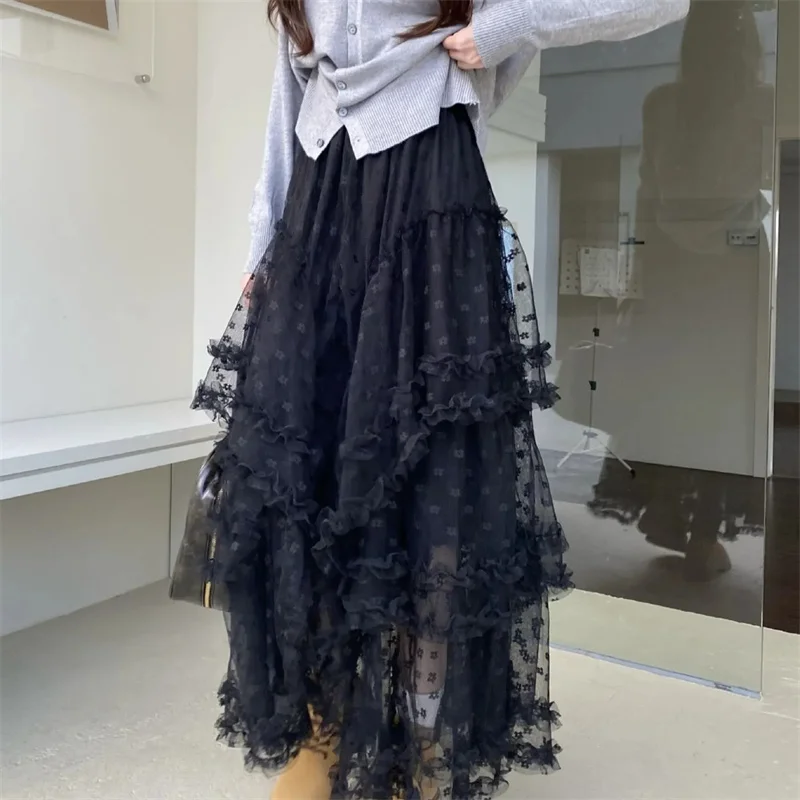 القوطية لوليتا الدانتيل شبكة الكشكشة الجنية الأميرة تنورة حفلة المرأة غير المتكافئة لطيف الستار شير التستر رقيقة تنورة طويلة الأبيض #1