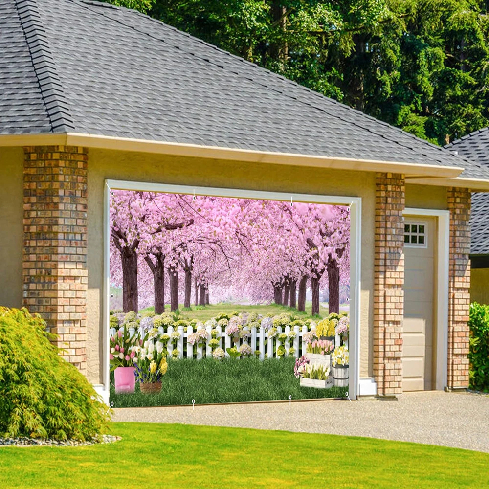 Spring Garage Door Decoration Backdrop Flowers In Full Bloom Natural Scenery Wooden Fence Garage Door Wall Photo Background