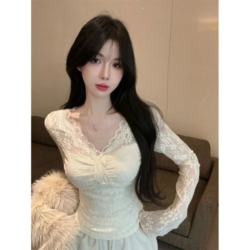 Women's Ivory Lace Long-Sleeve Tops Fitted Blouse Tees T-Shirts