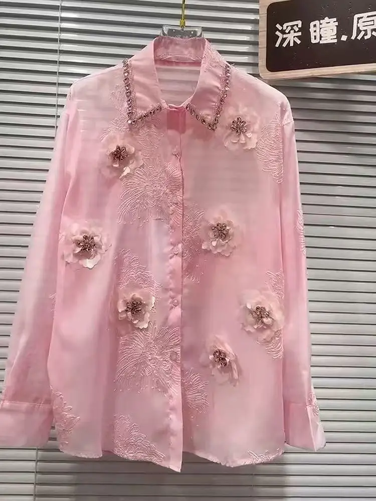 

New In Diamonds Stitch Flowers Stitch Pink Party Shirts Blouses For Women's Long Sleeve Loose Casual Sunscreen Tops Blusas