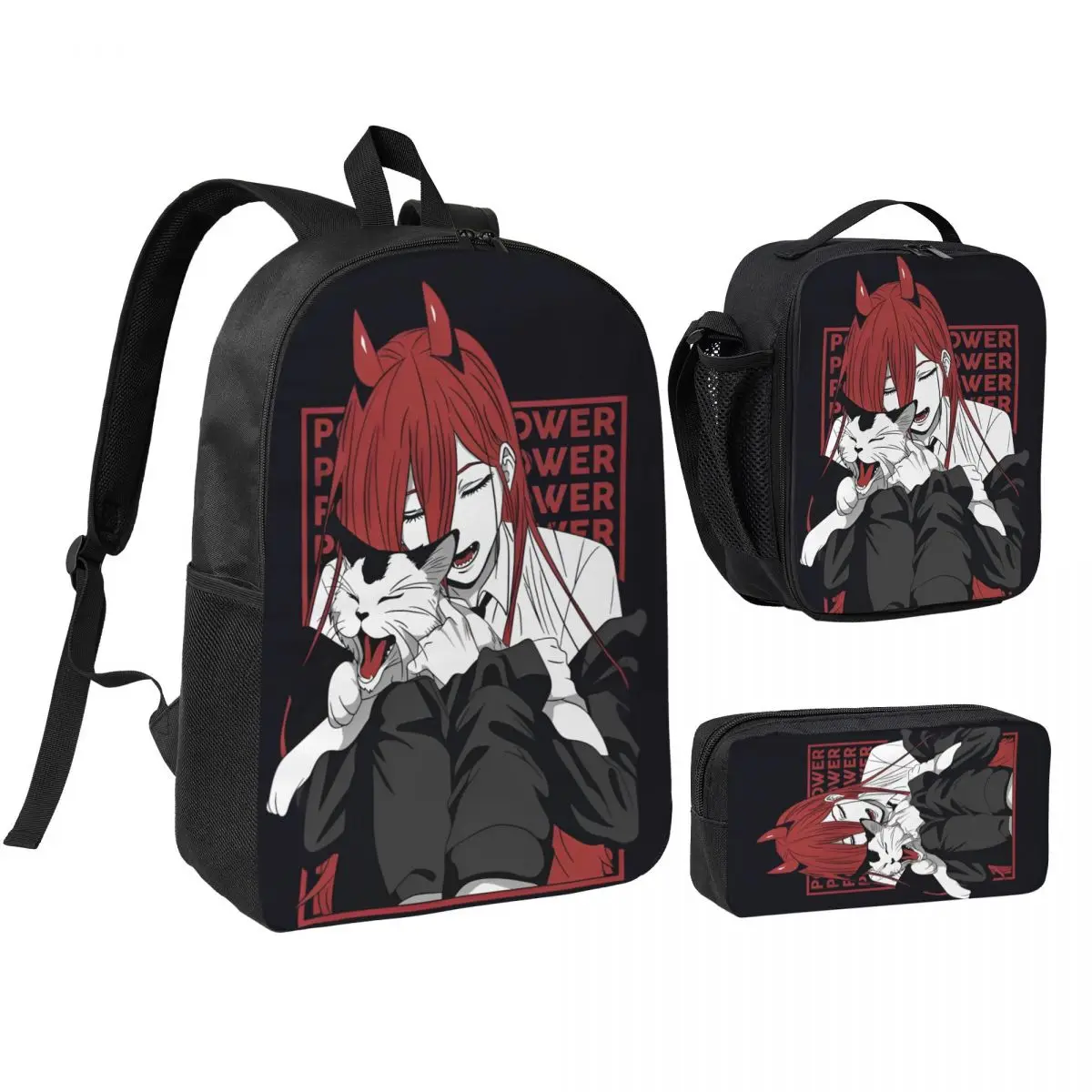 3pecs/set Power Chainsaw Man Design Backpack for Boys Girls High-capacity Laptop Computer Shoulder Bag Lunch bag Pencil Case