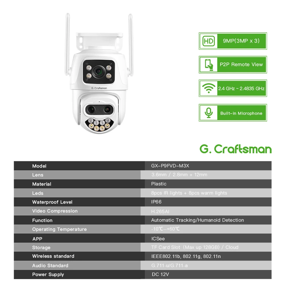 WiFi PTZ CCTV 3MP+3MP+3MP, CMOS Sensor, 8X Zoom, Full Color, Night Vision, Humanoid Detection, Surveillance ICSEE