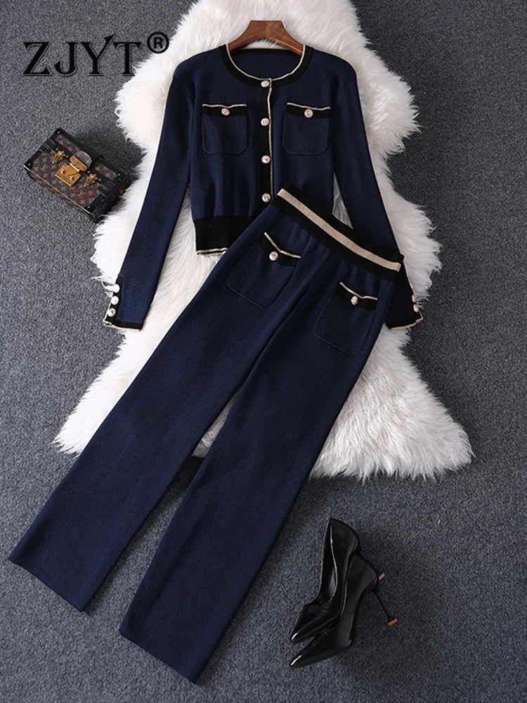 ZJYT Autumn Winter Knitted Pant Sets 2 Piece for Women Elegant Color Block Cardigan Sweater Blue Outfits Casual Trousers Suits