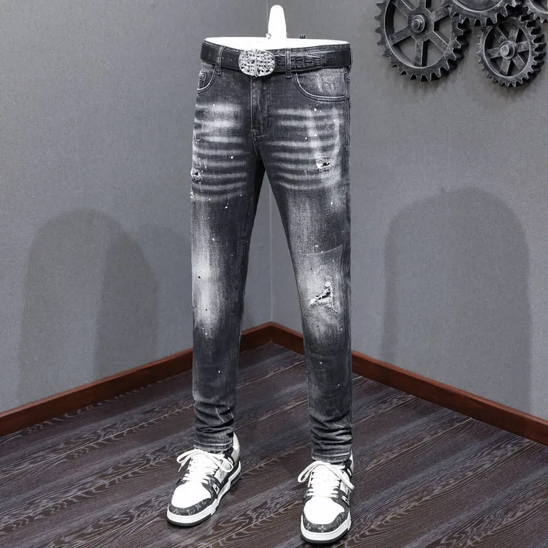 Street Designer Fashion Men Jeans High Quality Retro Black Gray Stretch Slim Fit Ripped Jeans Men Y2K Brand Vintage Denim Pants