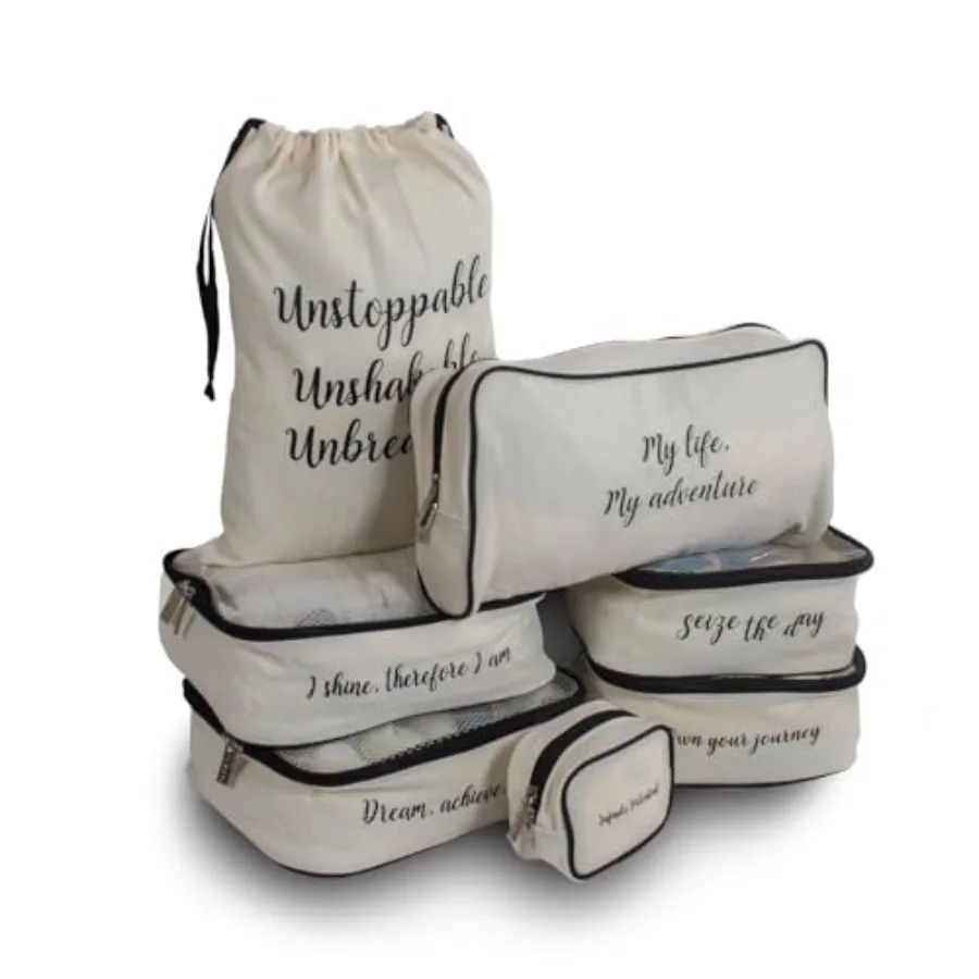 

Travel storage organizer set for packing cubes, polyester fabric, navy blue with white quotes, motivational design for efficien