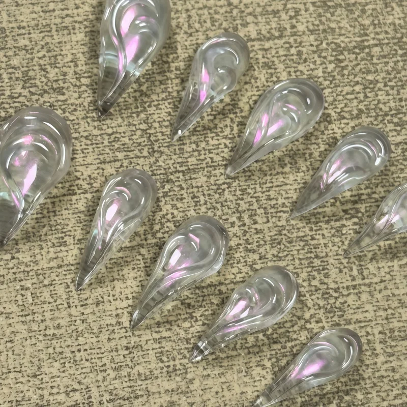 New 10PCS of transparent gel manicures, pink aurora rainbow-colored mermaid vortex abstract line glossy long-pointed fake nails.