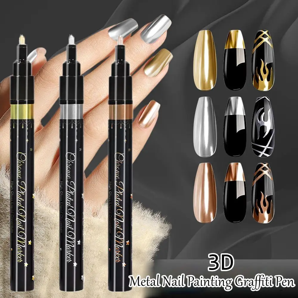 High Pigment Gel Polish Pen Metallic Silver Bronze Gold Nail Art Pens Waterproof Long Lasting