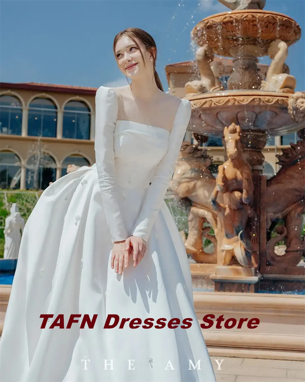 TAFN 2 Styles Wedding Dresses Detachable Long Sleeves A-line Princess Bridal Gown Satin Strapless 한국 웨딩드레스