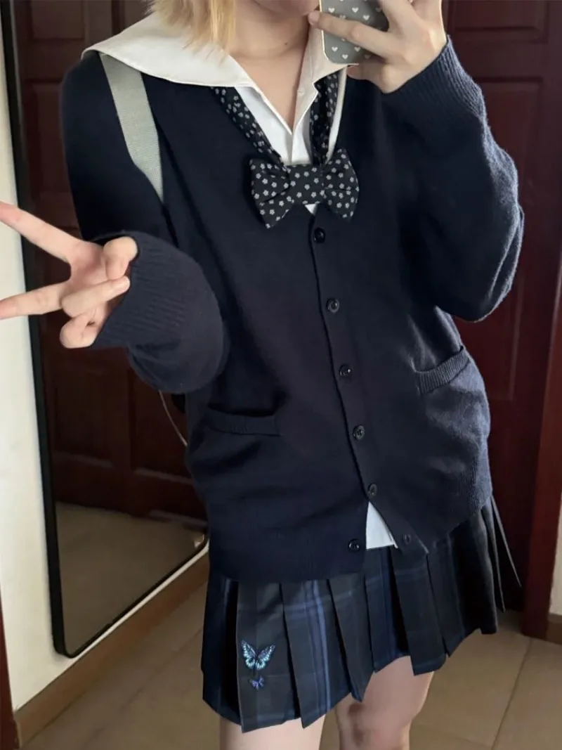 

Deep Blue JK Academy Style Sets Japanese Sweet Bow Tops Knitted Sweater+pleated Skirt Two Piece Set 2025 Autumn New Girl Clothes