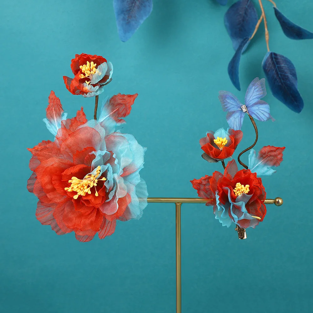 

New Original Design Handmade Antique Hair Accessories Red and Blue Contrasting Colors Peony Hot Flower Hairpin Hanfu Headdress