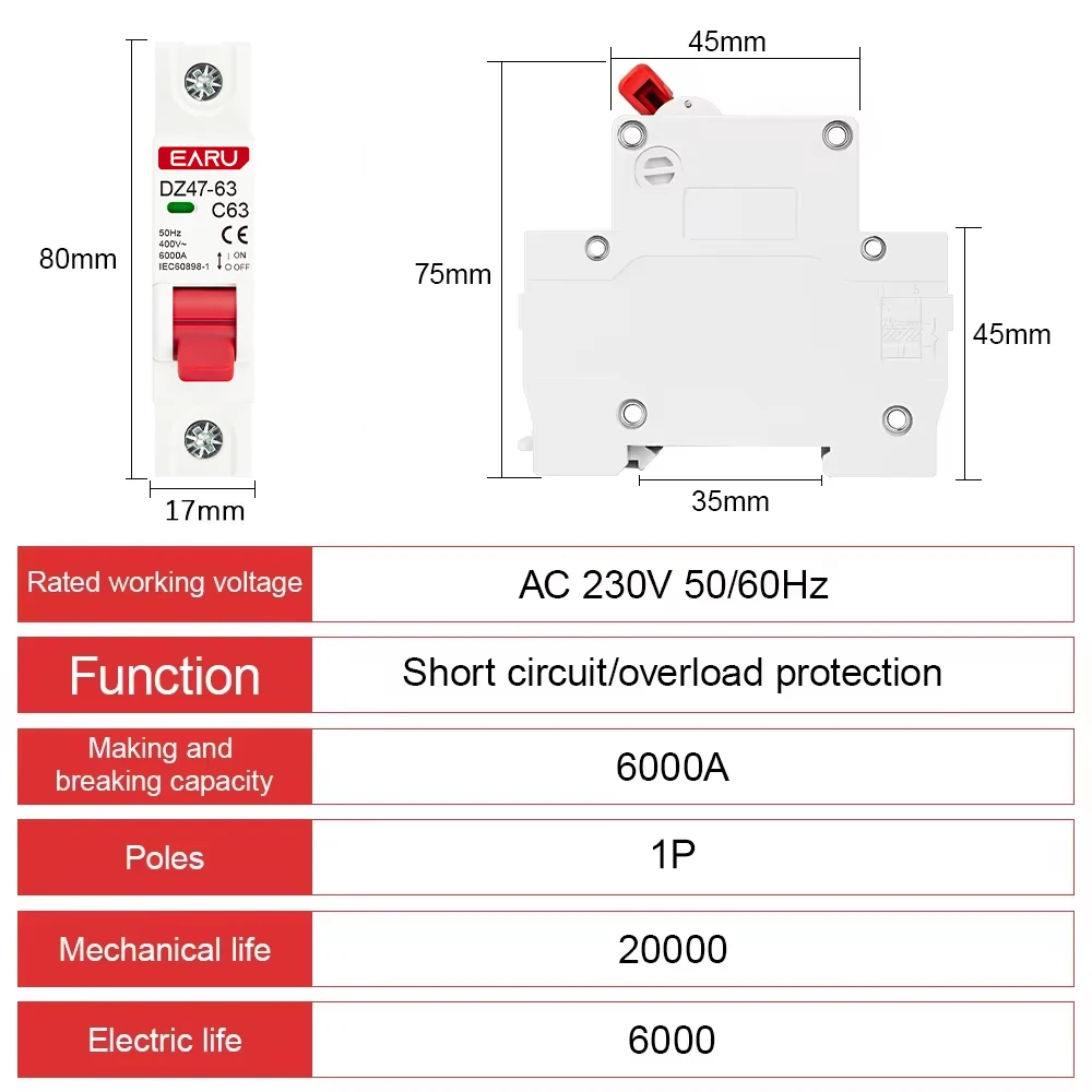 DZ47 1P 3A-63A 400V C Type Mini Circuit Breaker MCB Short Overload Circuit Protector 35mm Din Rail Mount Breaking Capacity 6KA