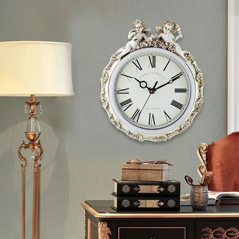 Resin Nordic Vintage Silent Wall Clocks Round Elegant Bedroom Living Room Wall Clock Lace Design Dustproof Creative Home Decor