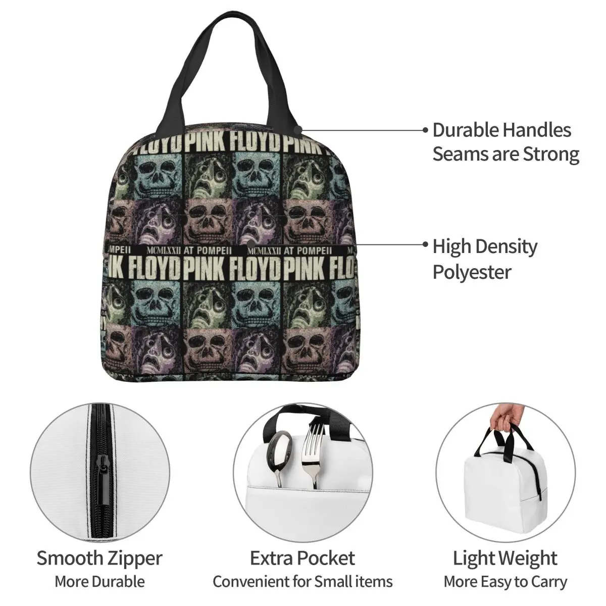 Pink Floyd Live At Pompeii Memento Mori Insulated Lunch Bag for Women Kids Portable Food Boxes Thermal Lunch Box Tote view 5