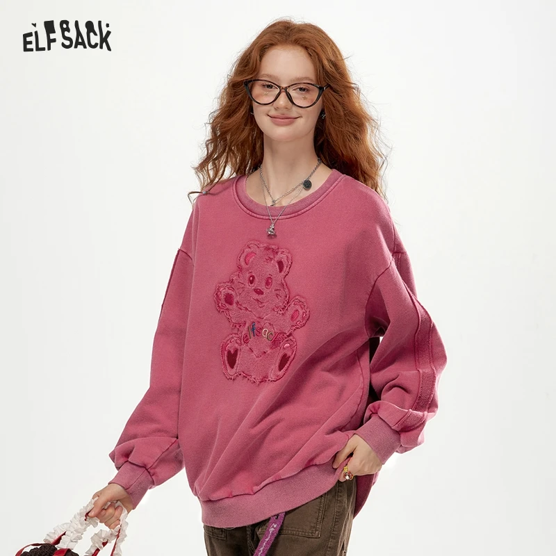 ELFSACK 2024 Autumn New Arrivals Lazy Style Bear Round Neck Loose Thin Sweatshirt for Women