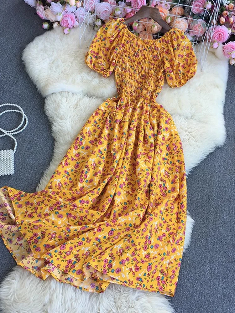 Wakacje na plaży Sukienka z kwiatowym nadrukiem Damska bufiaste rękawy Kwadratowy kołnierzyk Sukienki z wysokim stanem Koreańska moda Długa sukienka na imprezę