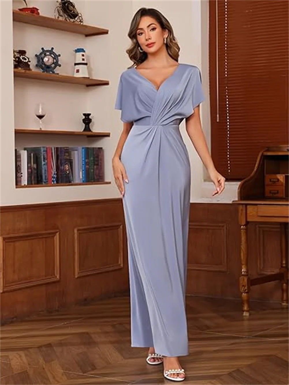 

Customized Women's Shiny Satin Mother Of The Bride Dresses For Wedding V Neck Short Flutter Sleeves Pleated Party Formal Dresses