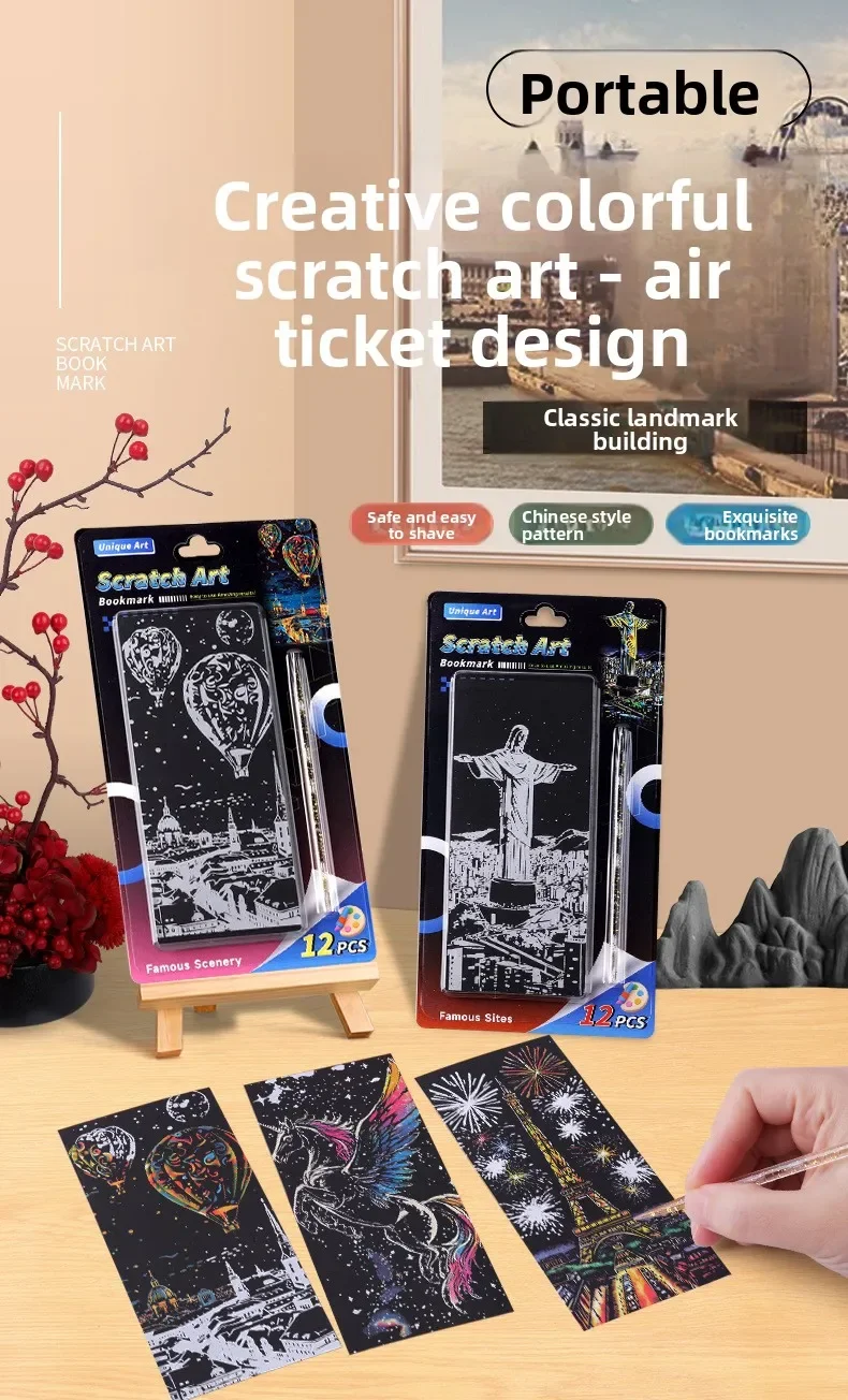 Stress Relief Anti-Stress Scratch Art Cards, City Night DIY Handmade Bookmark & Sticky Notes Kit, Creative Gifts for Adults Kids