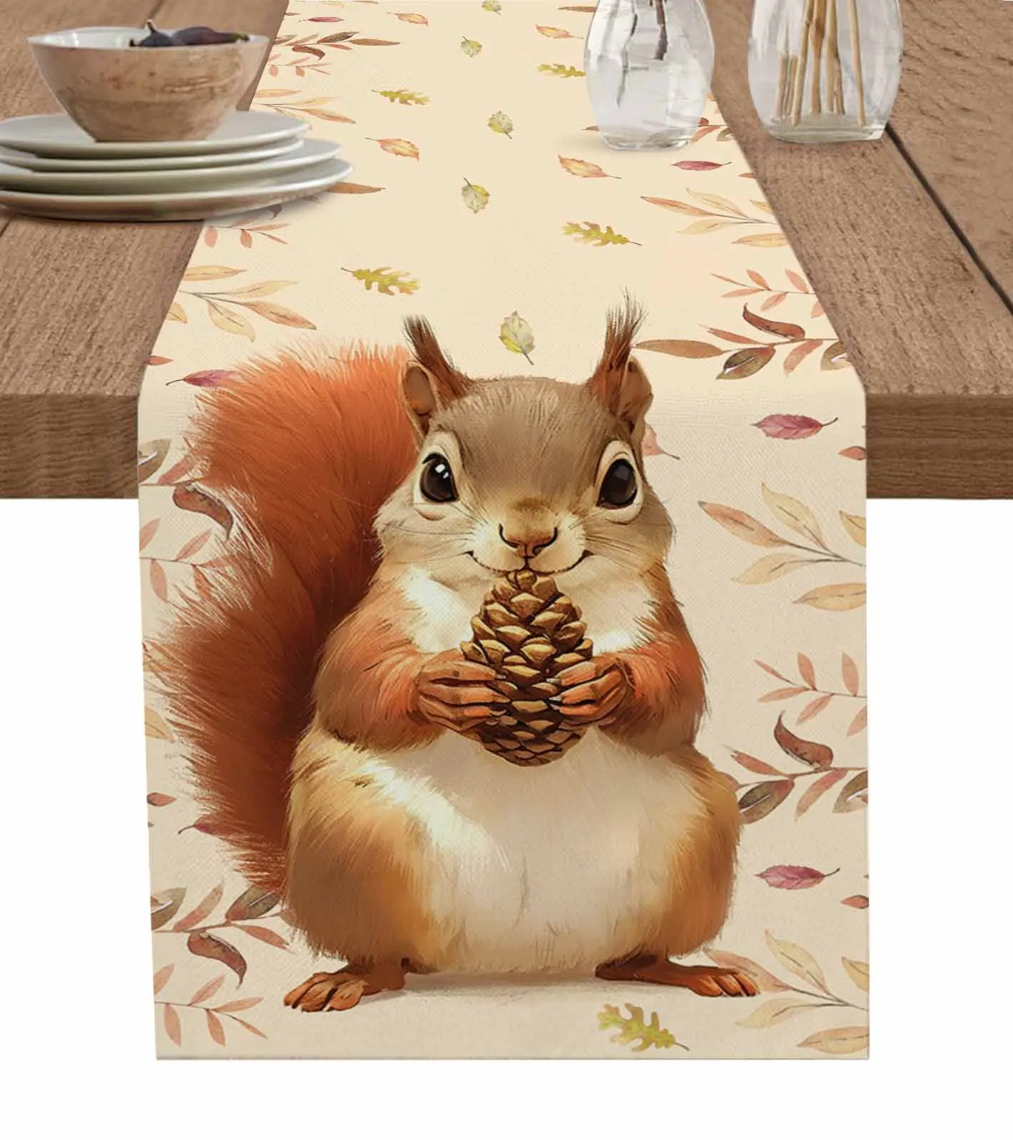 Autumn Drooping Plant Squirrel Table Runners for Dining Room Coffee Home Decoration Tablecloth 4/6 Pcs Placemats Table Cover