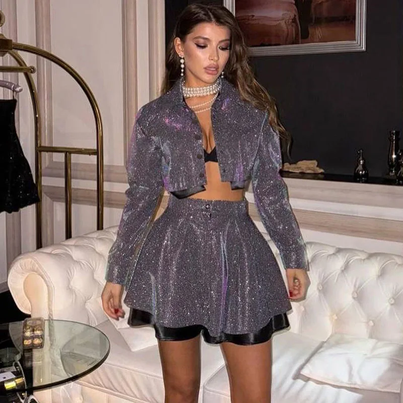 

Glitter sequin suit women's lapel long sleeve short top high waist skirt sexy nightclub two-piece club clothing Vestidos