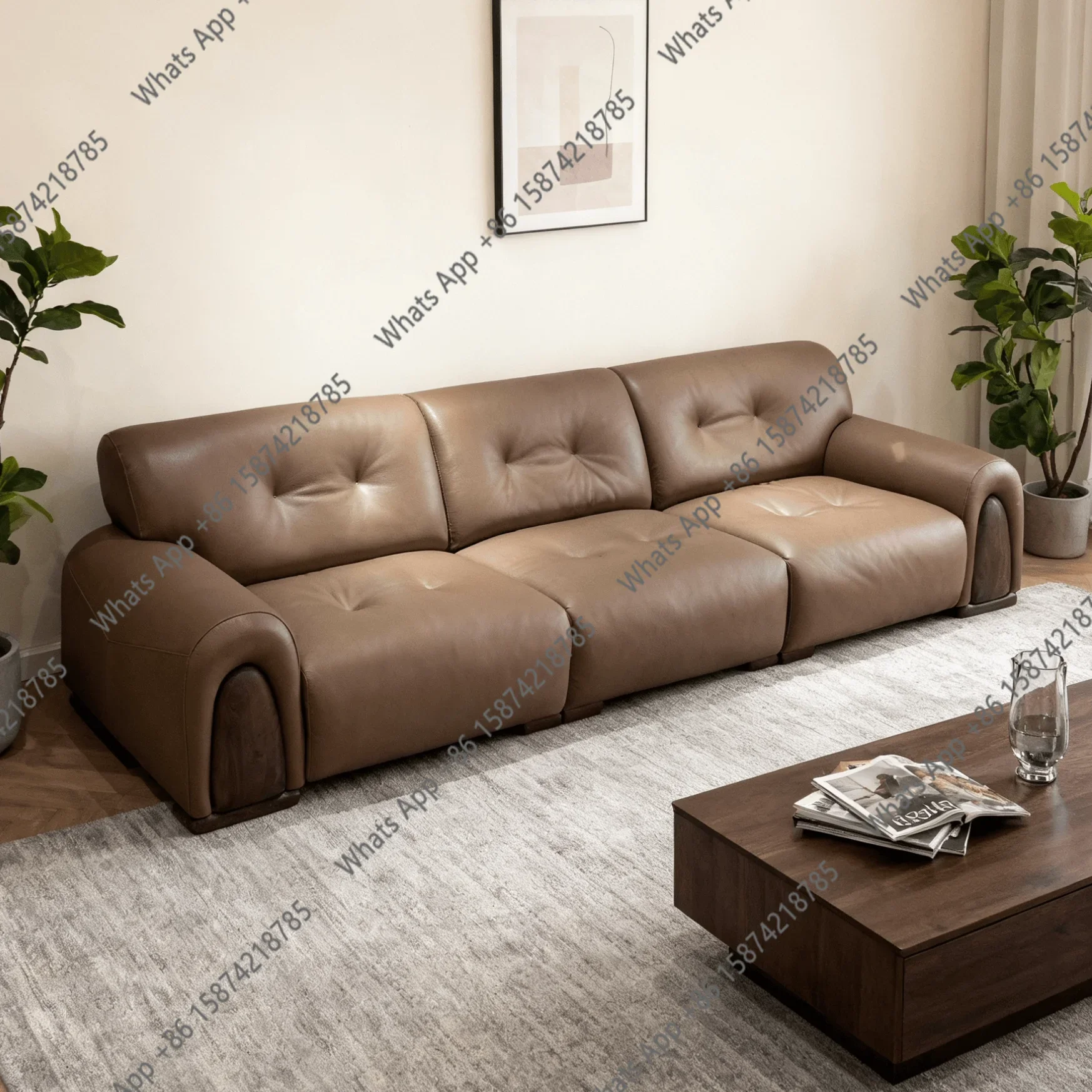 Ss Modern Simple Leather Sofa Living Room Three-person Straight Row Sofa Small Apartment First-layer Cowhide Sofa