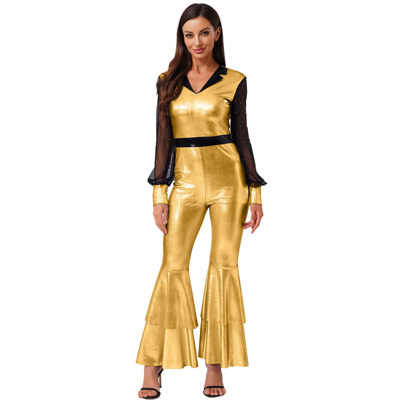 

Women 70s 80s Disco Jazz Ballroom Dance Rompers Shiny Mesh Long Sleeve Flared Pants Jumpsuit for Party Club Raves Dance Uniform