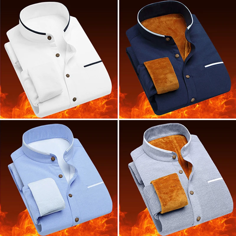 

Warm Fleece Lined Long Sleeve round Neck White Shirt Men's Casual Style Youthful Autumn Winter Stand Collar Korean Version Shirt