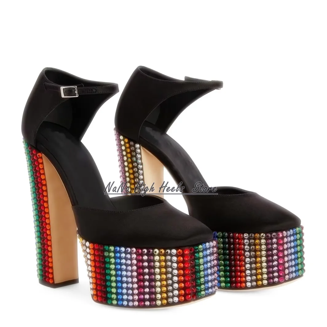 New Fuchsia Satin Platform Multicoloured Rhinestone Sandals 2022 Women Round Toe Block High Heel Sandals Luxury Ladies Buckle