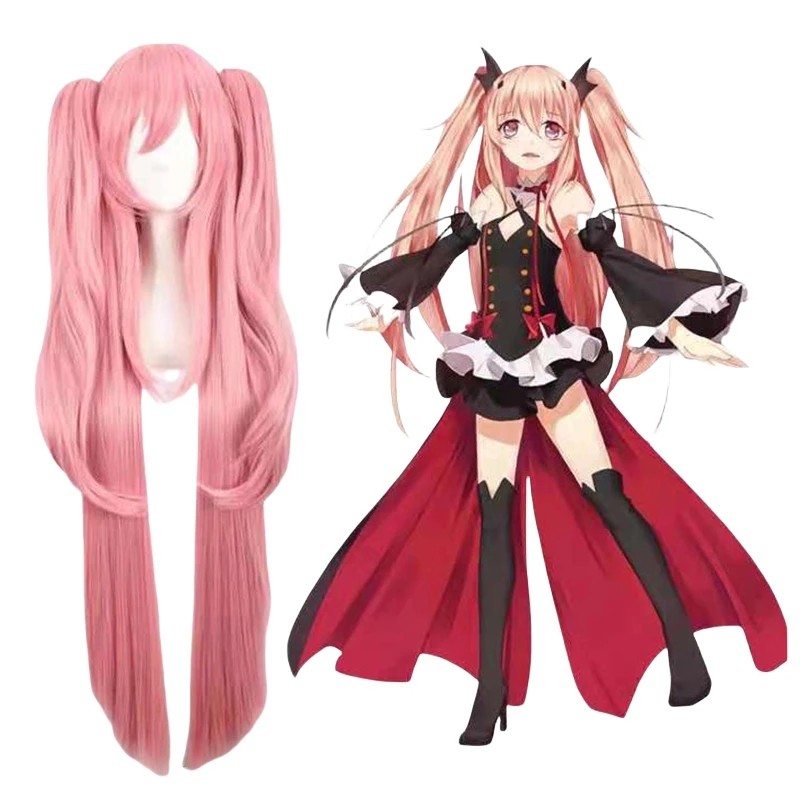 Anime Owari no Seraph Of The End Krul Tepes Cosplay Wig Pink 100CM Long Curly Synthetic Hair Double Ponytail Cosplay Wig