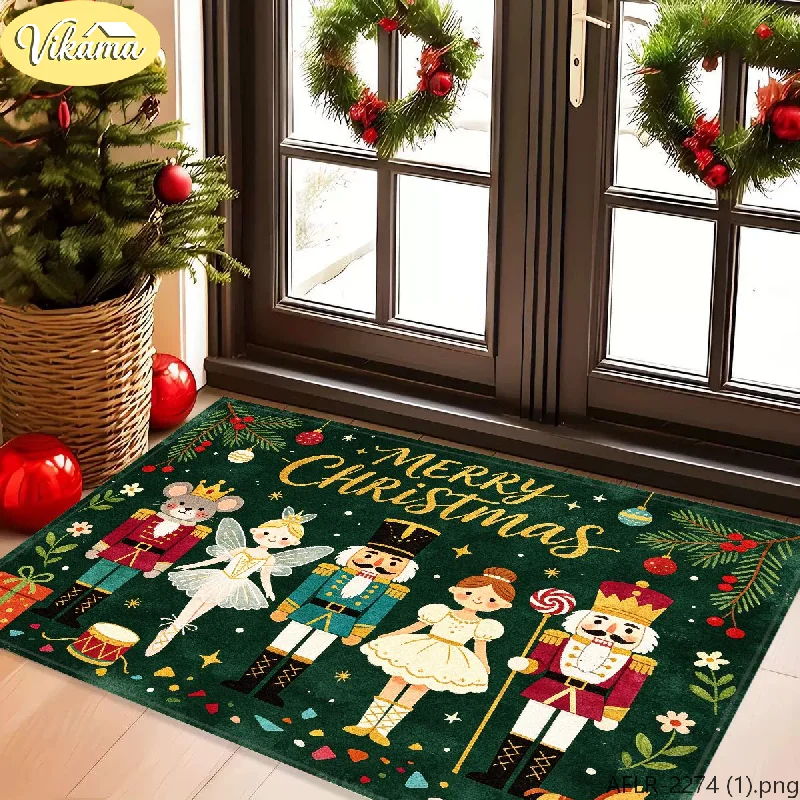 VIKAMA Christmas Nutcracker Rug, Merry Christmas Soldier Rug, Soft Non-Slip Entryway Doormat, Holiday Holly Berry Home Decor