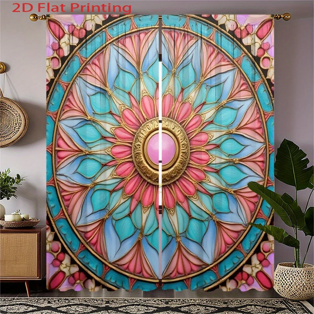 2D Flat, 2pcs Elegant Floral Window Curtains - Semi-Sheer Privacy Drapes with Pink, Blue, Golden Floral Patterns, Lightweight Fl