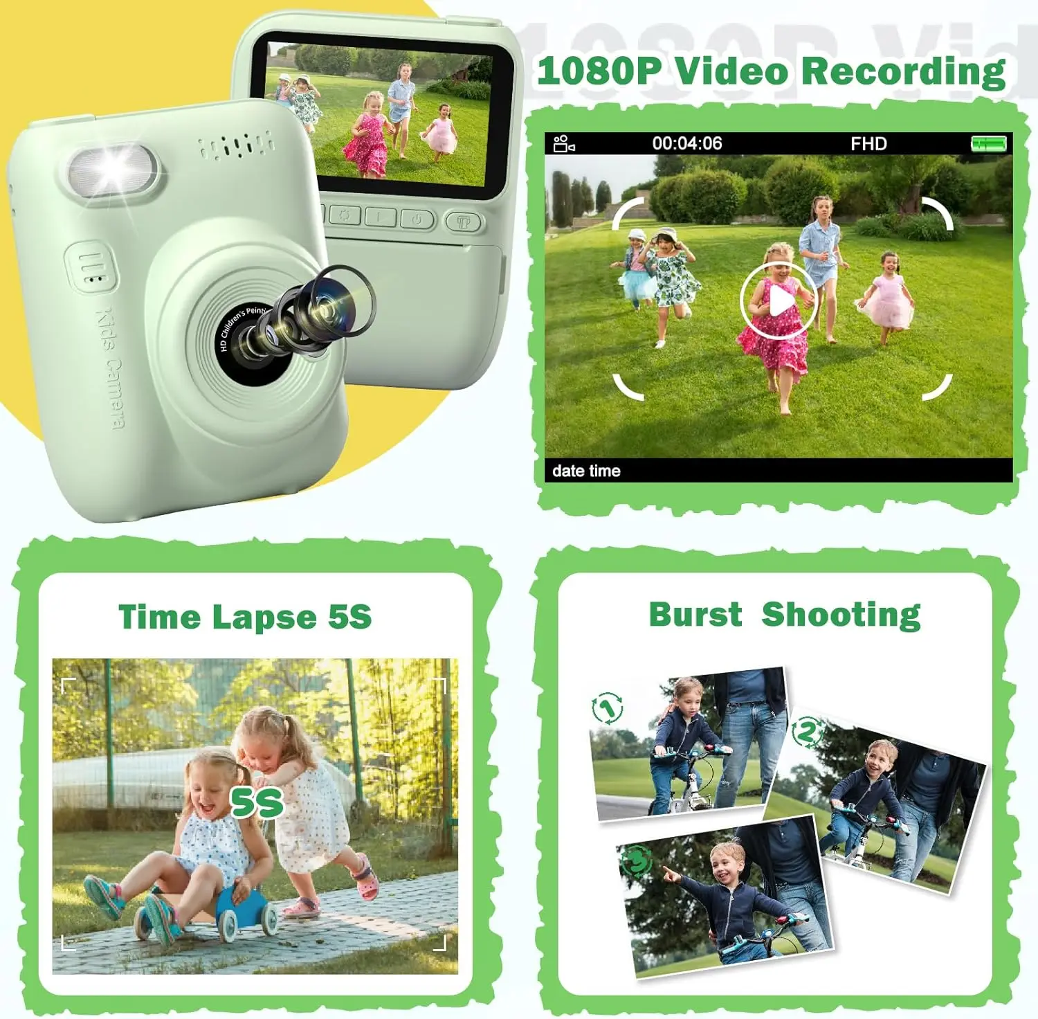Instant Print Kids Camera, Portable Digital Camera for Toddlers, Birthday Graduation Gift for Kids Ages 3-12, Outdoor Travel Toy with Photo Printing for Boys Girls, Green view 4