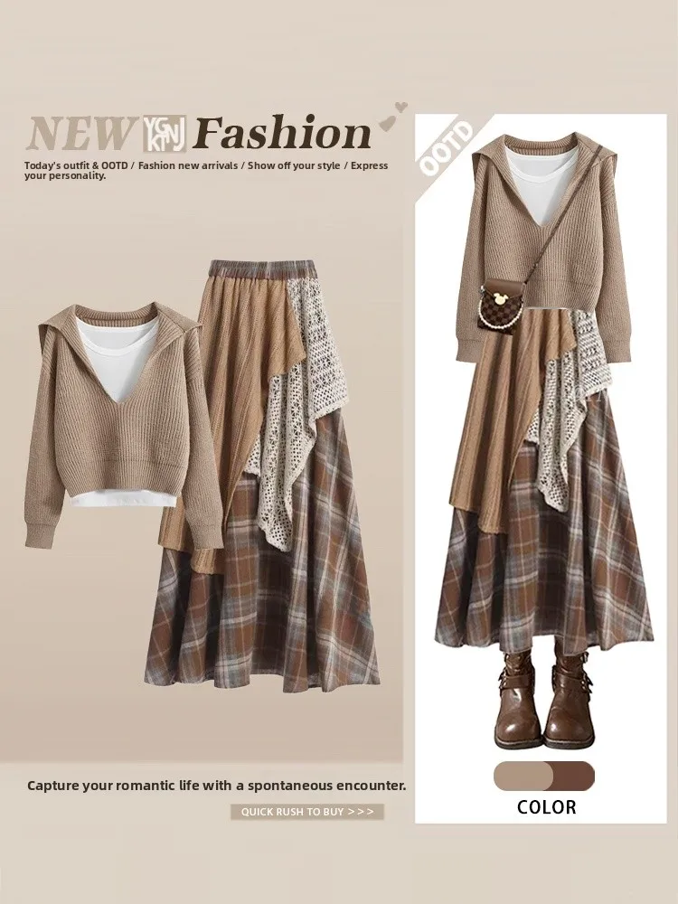 

Осенний лоскутный вязаный свитер, жилет и клетчатая юбка, комплект, повседневный дорожный наряд, юбка с нерегулярным разрезом, длинная свеч V Ne