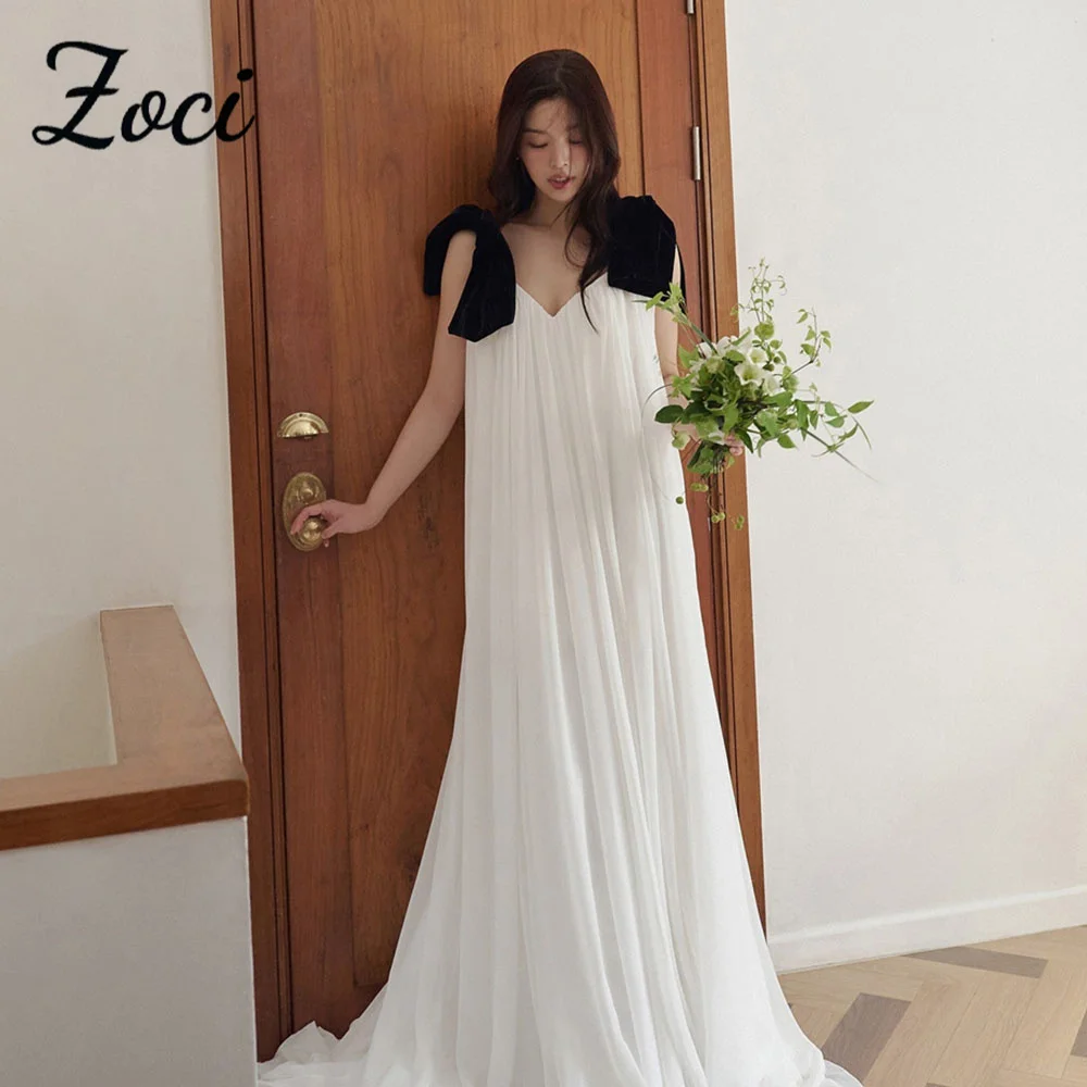 

Zoci Korea Fairy Wedding Dresses Photo Shoot V-Neck Sleeveless Contrast Color Draped Bridal Gown Lovely Wedding Party Dresses