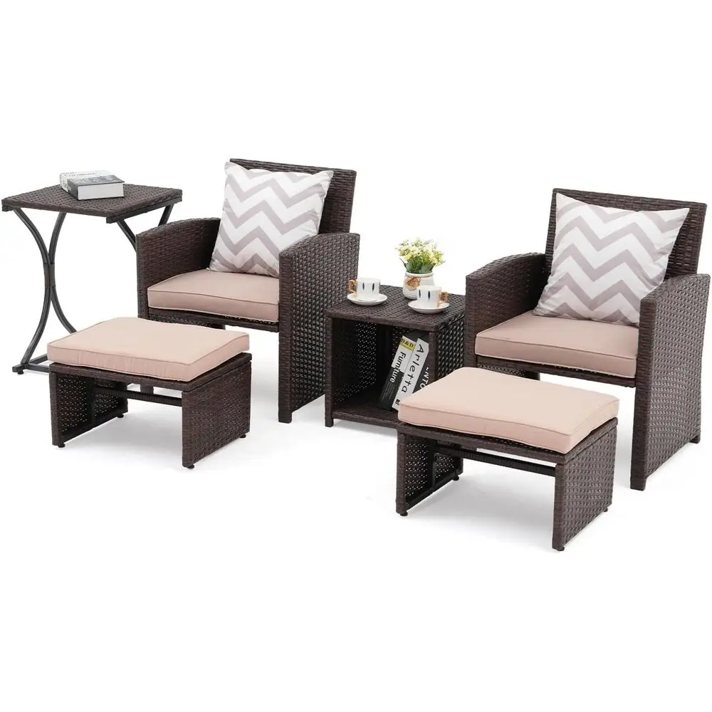 

All-Weather Rattan Patio Furniture Set with Ottoman and Nesting Coffee Table, Beige