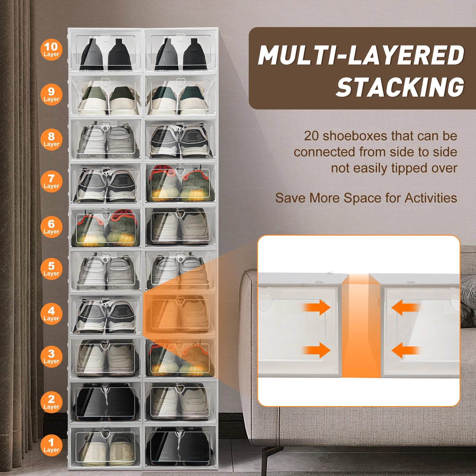 

20 Pcs Clear Stackable Shoe Storage Boxes Rectangular Shoe Organizers Cases for Organize Shoe, Clothes, Toys