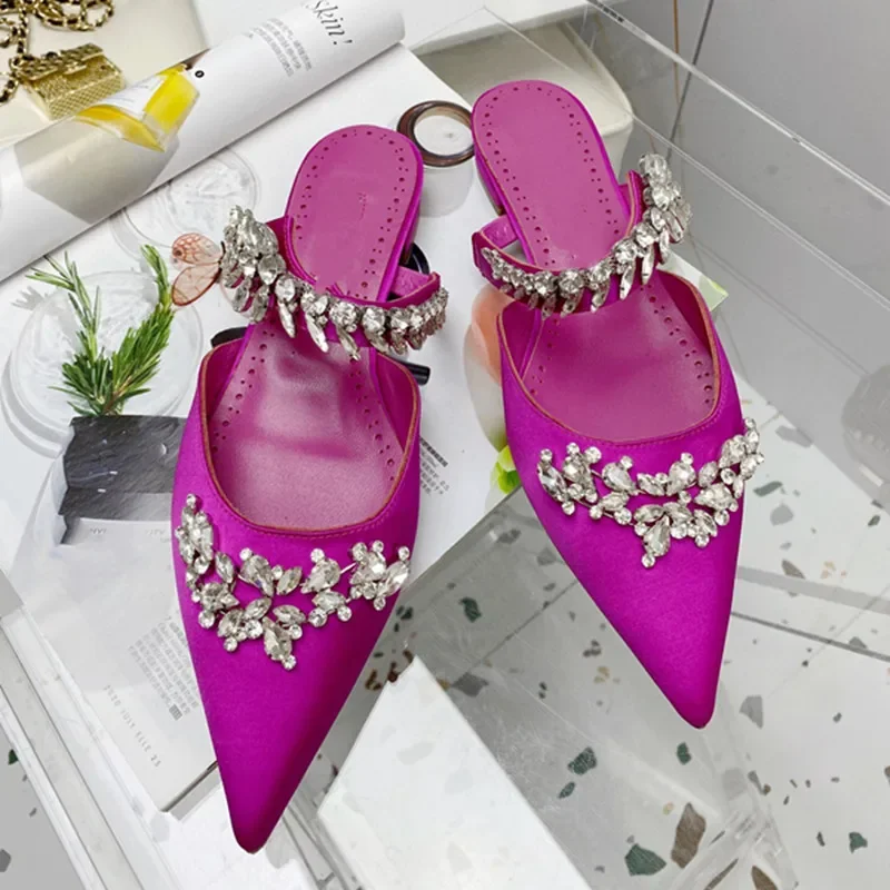 Women's High Heel Muller Shoes 2024 New Water Diamond Double Button Pointed Fashion Banquet Flat Bottom Shallow Mouth Sandals